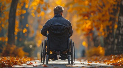 Man going in for sport in the autumn park in wheelchair.