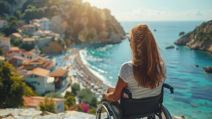 disabled woman in a wheelchair looking at the sea - 774907650