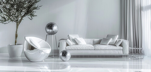 Minimalist white-on-white palette, sleek silver sofa, geometric decor, statement armchair. HD excellence.