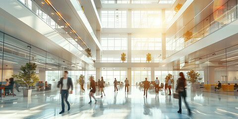 Bright business workplace with people in walking in blurred in the office