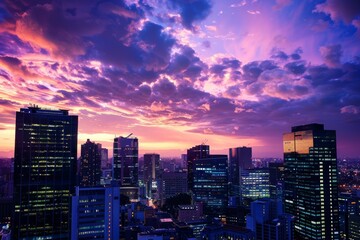 Sunset Glow Over Waterfront Cityscape and Skyline