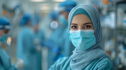 Portrait of Arab female doctor in hijab, medical mask and gloves standing in hospital