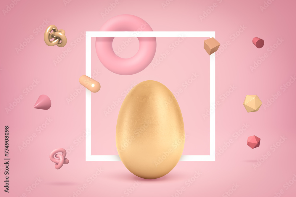 Poster 3d rendering of golden egg on pinky background highlighted with a flat white frame