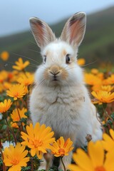 Spring rabbit, bunny in a field with flowers, sniffs a flower, green meadow, yellow flowers and sunny spring day. Easter