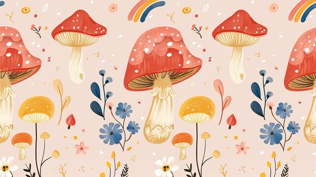 Cute seamless pattern of mushroom with a peach backdrop a beautiful background illustration, Generative AI.
