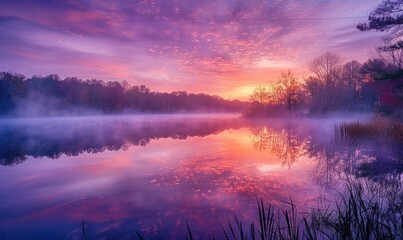 Bright sunrise reflected in water, pink and violet twilight, nature background
