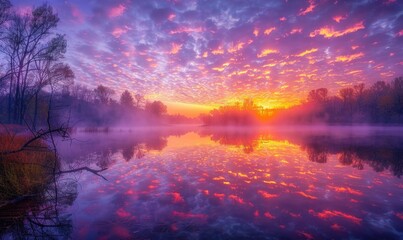 Bright sunrise reflected in water, pink and violet twilight, nature background