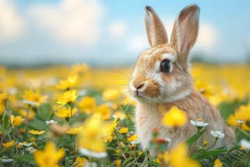 Spring rabbit, bunny in a field with flowers, sniffs a flower, green meadow, yellow flowers and sunny spring day. Easter - obrazy, fototapety, plakaty