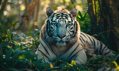 White tiger in green lush closeup portrait - Powered by Adobe