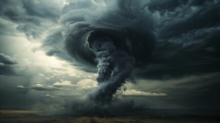 Epic tornado against the backdrop of dark rain clouds, strong wind, natural disaster. - obrazy, fototapety, plakaty