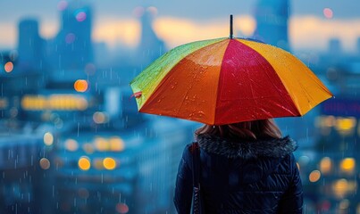 A person standing under a colorful umbrella