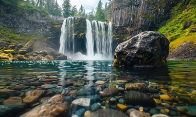 A picturesque waterfall cascading into a spring-fed lake