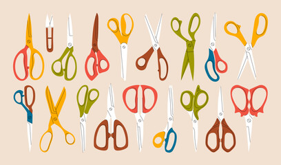 Set of open and closed scissors. Equipment for sewing, cutting, grooming, creativity. Colorful scissors of various sizes and shapes. Vector stock illustration on isolated white background.