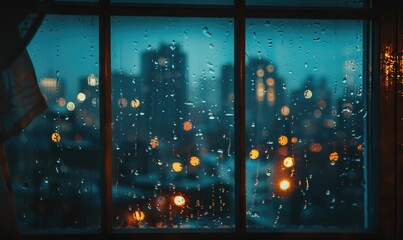 A rain-soaked windowpane with blurred city lights in the background