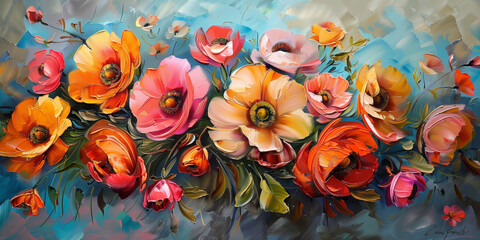 Oil painted colourful flowers poppy daisy on sky background