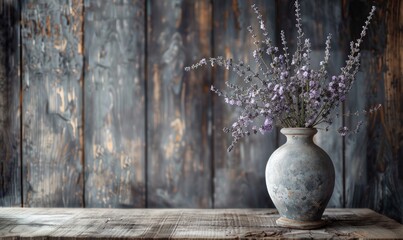 A rustic wooden table adorned with a weathered vase filled with wildflowers - Powered by Adobe