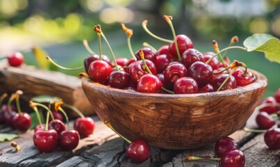 A rustic wooden bowl overflowing with ripe cherries