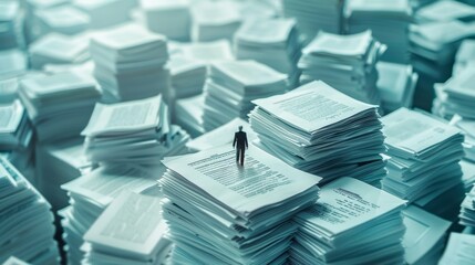 A miniature figure stands amid a seemingly endless expanse of stacked paperwork, evoking themes of bureaucracy and workload.