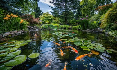 A garden pond adorned with koi fish swimming among water lilies and lush greenery