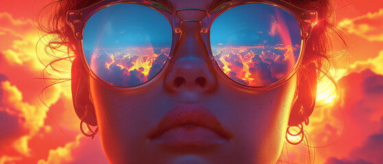 Woman wearing sunglasses in front of sunset, front, sunset, one person - obrazy, fototapety, plakaty