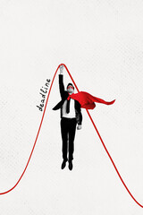 Vertical photo collage of serious man wear superhero mask cape try save situation deadline time...
