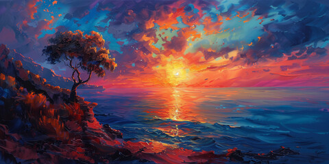 oil painting style illustration of a beautiful sunset, sky and trees, cool background