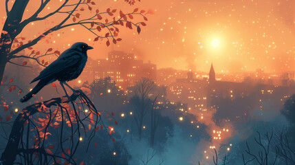 Crow on tree branch in night sky with city lights in background - obrazy, fototapety, plakaty