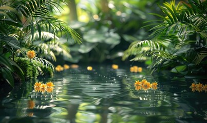 A tranquil pond surrounded by lush greenery