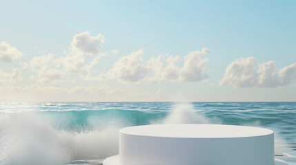 Podium to display product on ocean wave view and blue sky. Mockup product display. Copy paste area for product