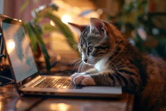 A domestic cat sits at a desk using a laptop in light room. Work, social networks, entertainment. Distant work