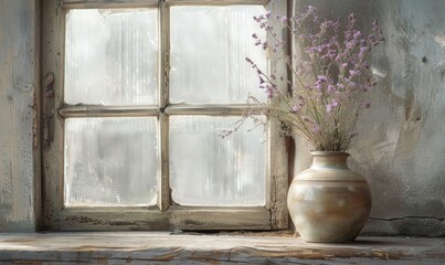 A vintage window sill with a ceramic vase containing lavender flower