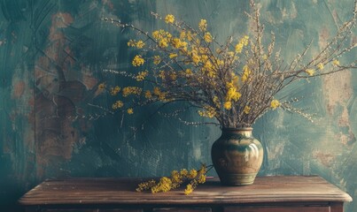 A vintage dresser adorned with a vase of yellow and white wild flowers