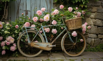 Fototapeta na wymiar A vintage bicycle adorned with peony flowers in a basket