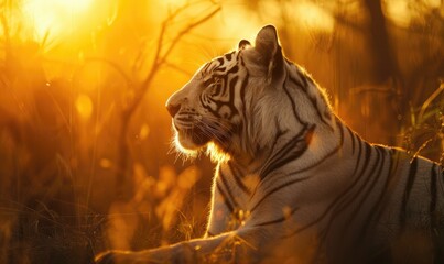 A white tiger basking in the warm glow of the setting sun - obrazy, fototapety, plakaty