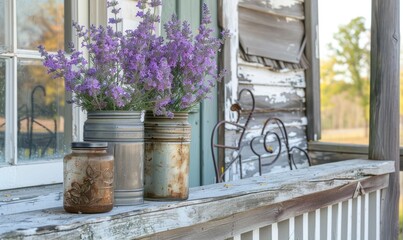 A weathered porch railing decorated with jars of lavender