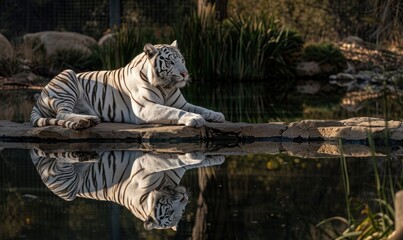 A white tiger lounging gracefully by a tranquil pond