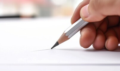 A hand holding a graphite pencil poised over a blank sheet of white paper - obrazy, fototapety, plakaty