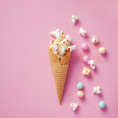 Popcorn in an ice cream cone. Creative food pairing concept.