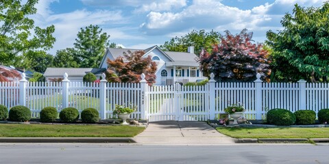 Obraz premium A large house with a white picket fence and a driveway