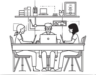 black and white vector illustrations with flat cartoon characters working in the office