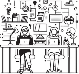 black and white vector illustrations with flat cartoon characters working in the office