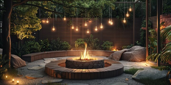 a cozy modern backyard with a fire pit area