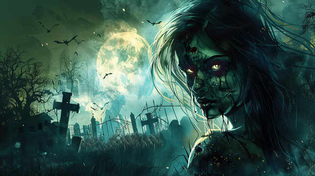 scary halloween background with a zombie girl on a graveyard