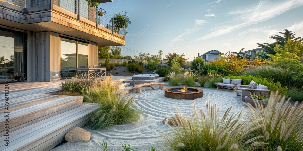 Poster a modern seaside-inspired backyard with a sandy fire pit area