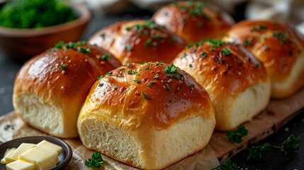 Freshly buttered buns, adorned with sliced bread and vibrant parsley, offering a delightful culinary experience