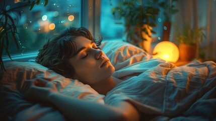 Struggling sleeper seeks solace in moonlit bedroom, gazing out window, yearning for restful slumber - obrazy, fototapety, plakaty