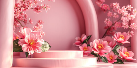 Podium background flower rose product pink 3d spring table beauty stand display 