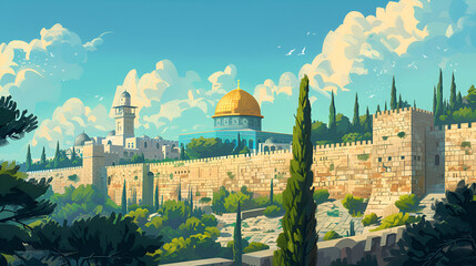 Fototapeta premium Jerusalem wall blending, Al-Aqsa embraced by the ancient city walls, Old City surrounding it, a mix of history and contemporary life, Generative Ai