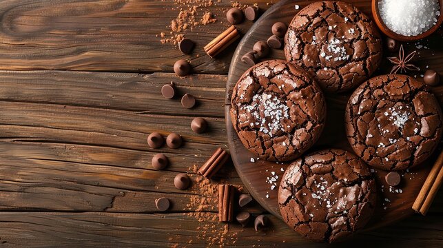 Homemade brownie cookies on a wooden bowl on a wooden surface with a big space and top view for text or product, Generative AI.