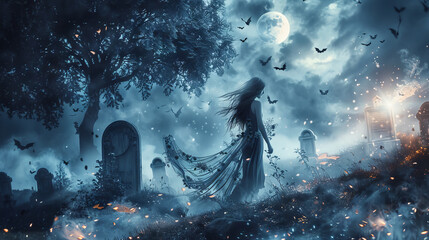 Fototapeta na wymiar scary halloween background with a ghost girl on a graveyard